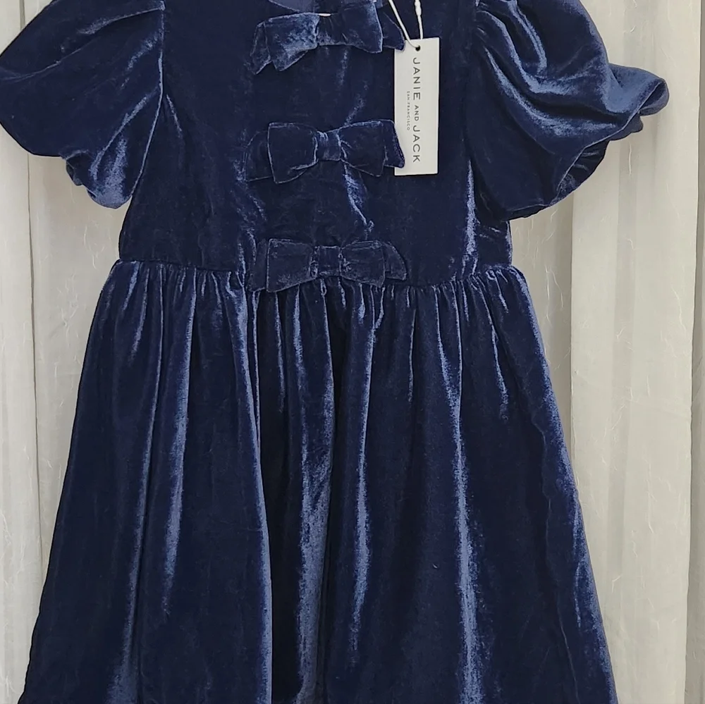 Janie and Jack Navy Blue Velvet Girl's Dress w/ Bubble Short Sleeve, Size 4,NWT